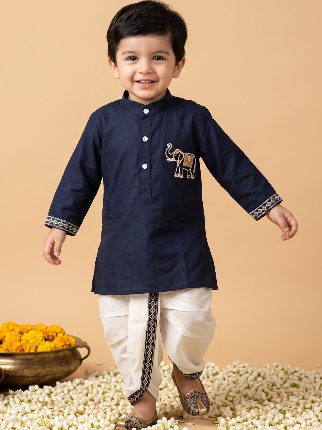 Blue Solid With Embroidery Motif Pure Cotton Dhoti Set For Boys