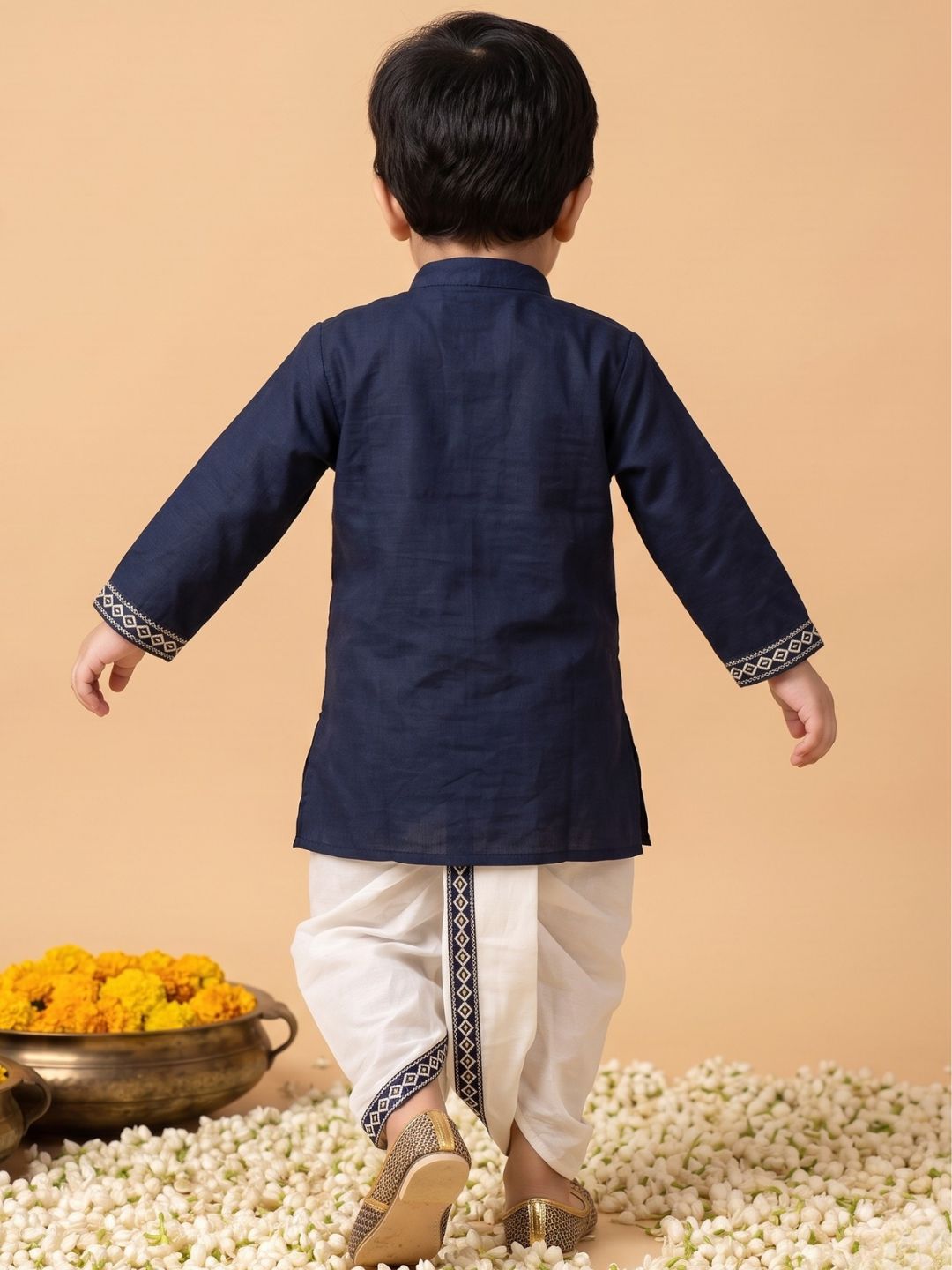 Blue Solid With Embroidery Motif Pure Cotton Dhoti Set For Boys