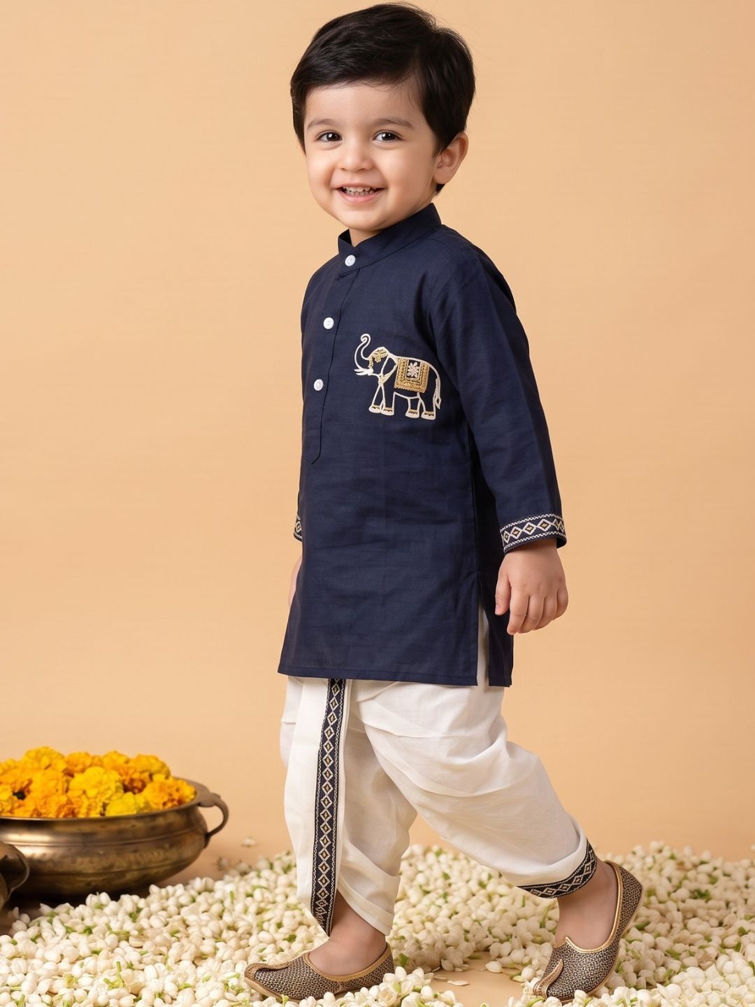 Blue Solid With Embroidery Motif Pure Cotton Dhoti Set For Boys