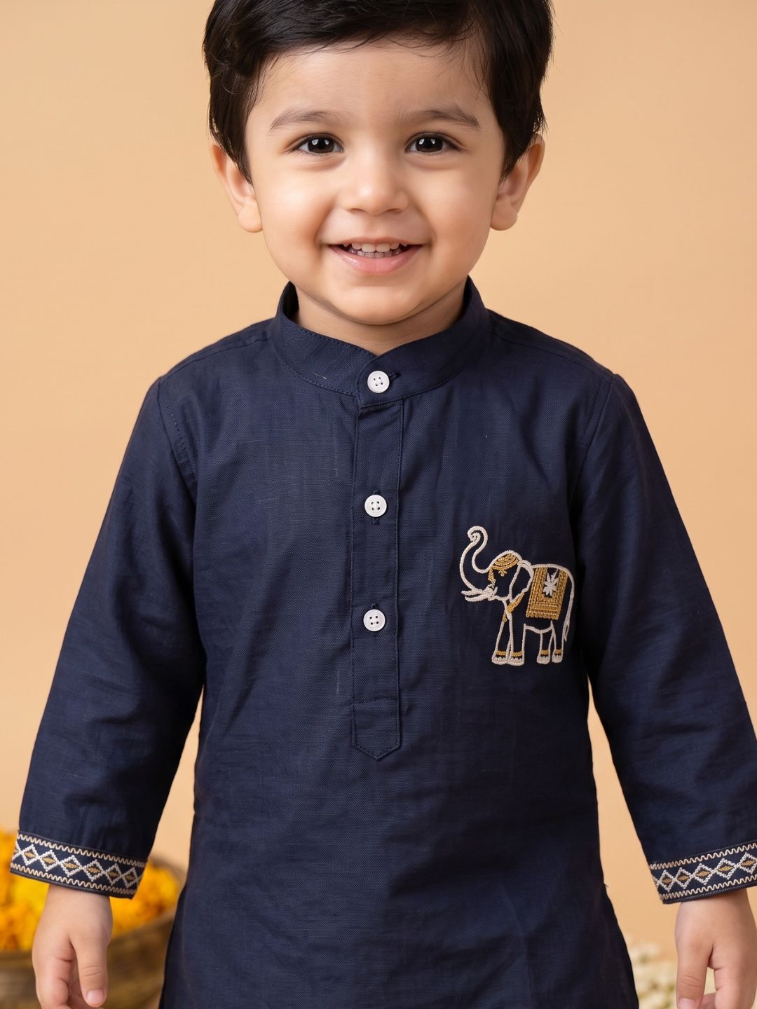 Blue Solid With Embroidery Motif Pure Cotton Dhoti Set For Boys