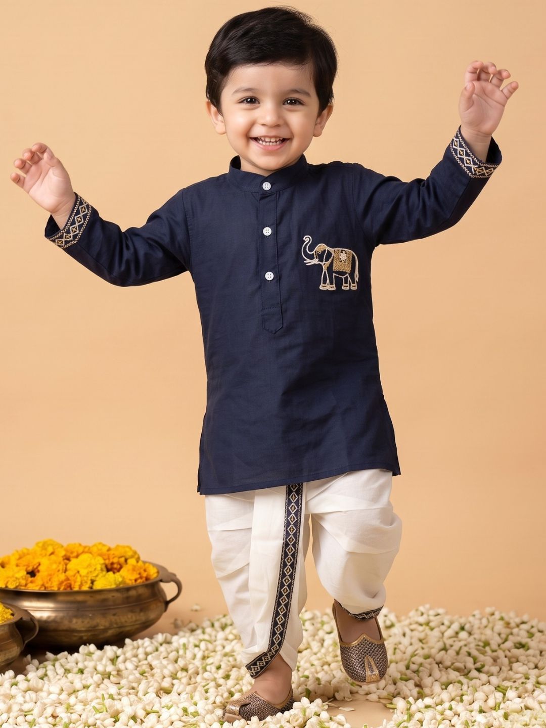 Blue Solid With Embroidery Motif Pure Cotton Dhoti Set For Boys