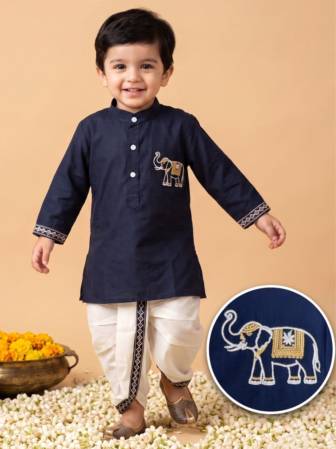 Blue Solid With Embroidery Motif Pure Cotton Dhoti Set For Boys