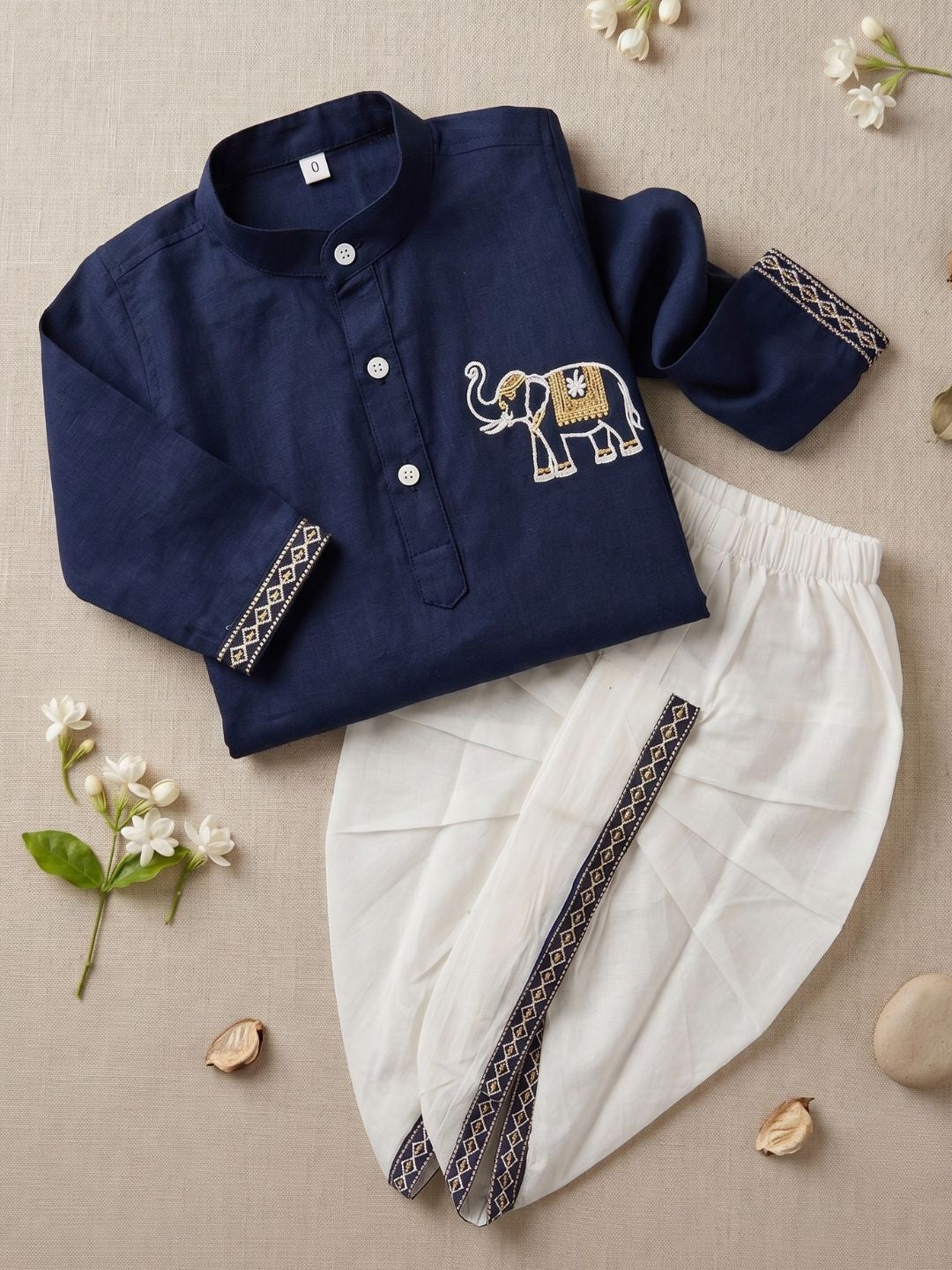 Blue Solid With Embroidery Motif Pure Cotton Dhoti Set For Boys