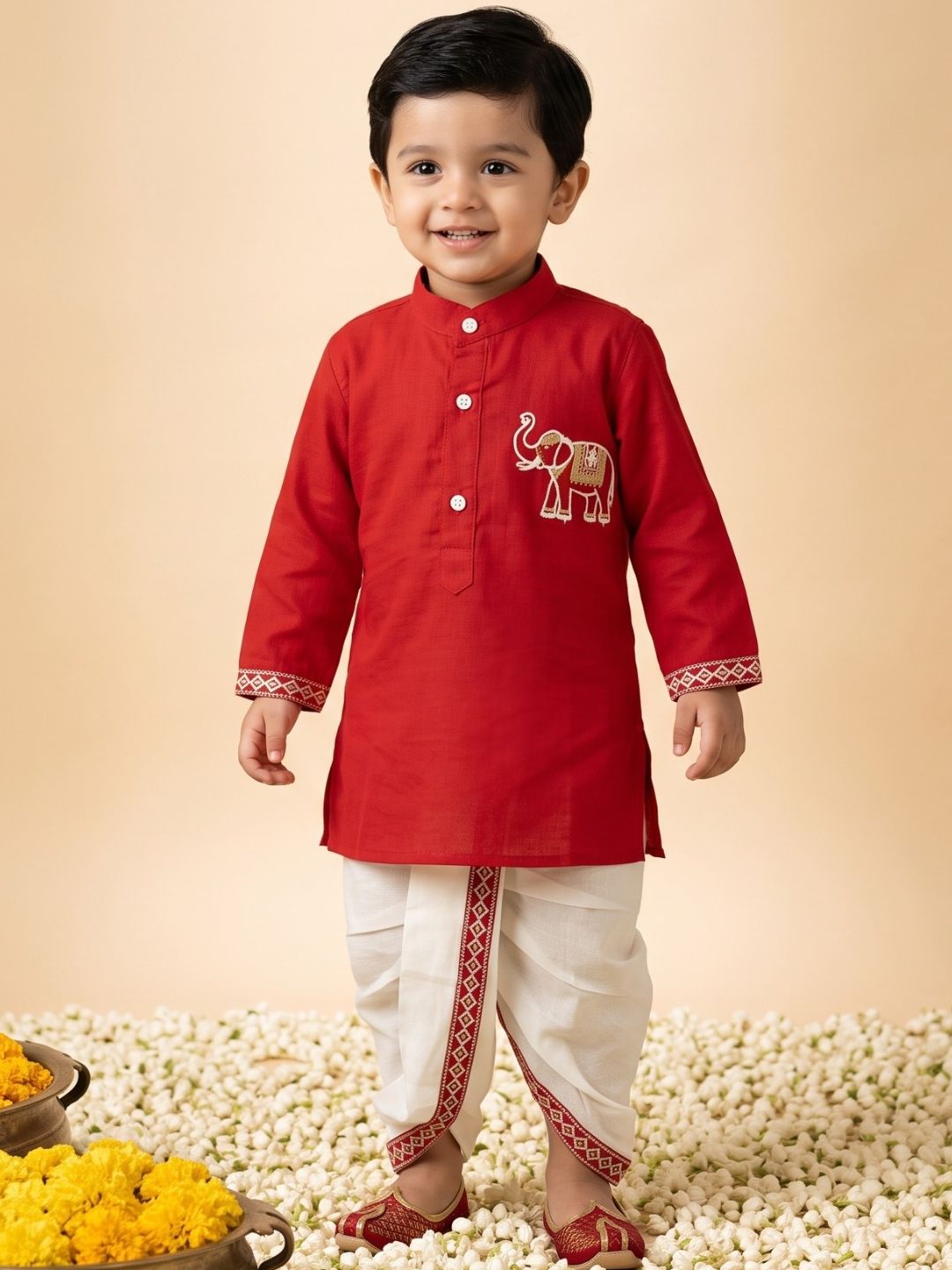Red Solid With Embroidery Motif Pure Cotton Dhoti Set For Boys