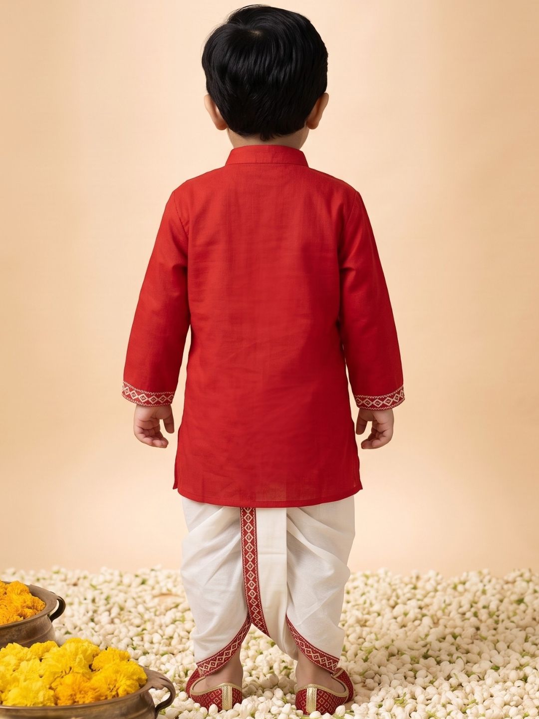 Red Solid With Embroidery Motif Pure Cotton Dhoti Set For Boys