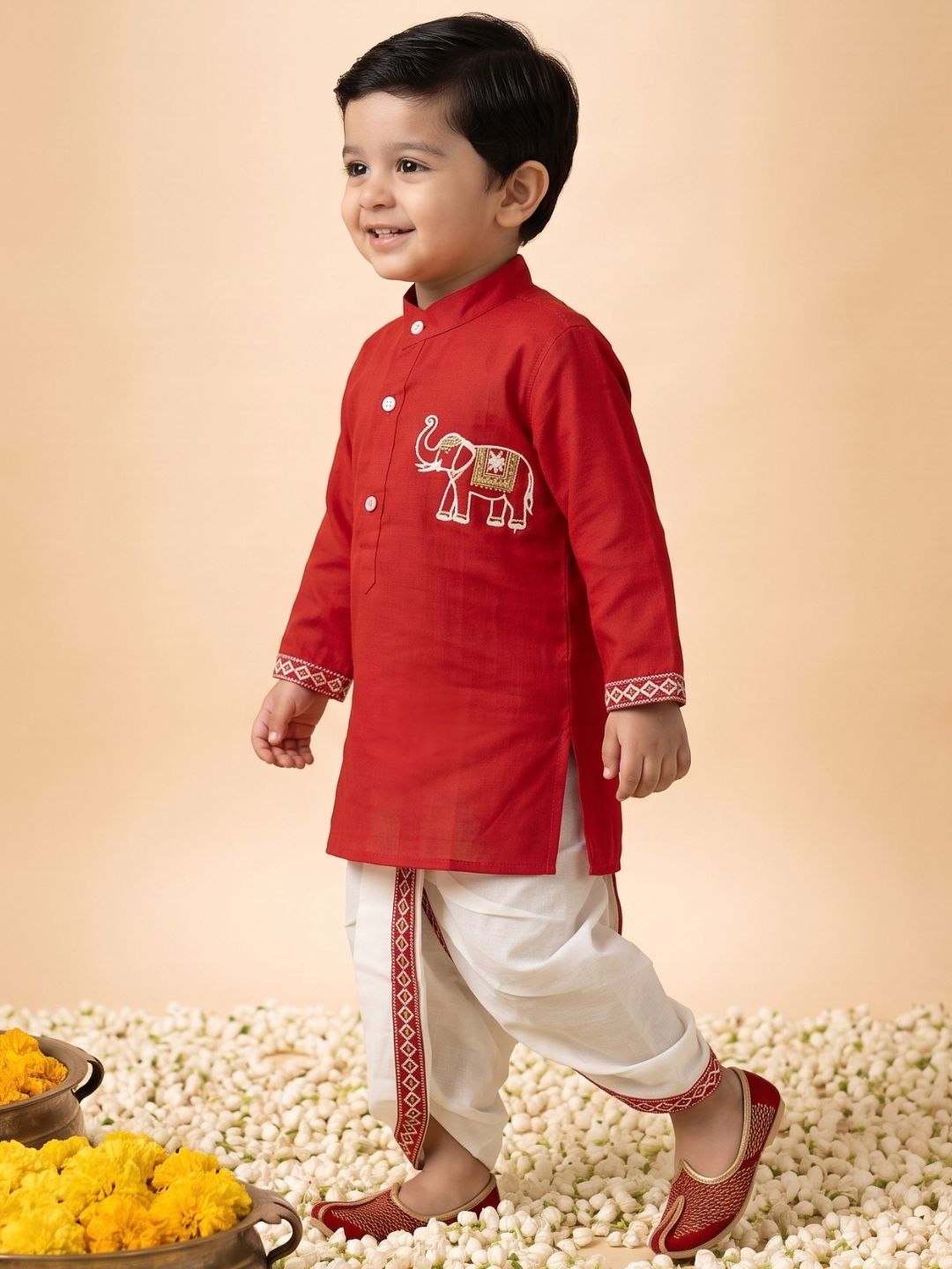 Red Solid With Embroidery Motif Pure Cotton Dhoti Set For Boys
