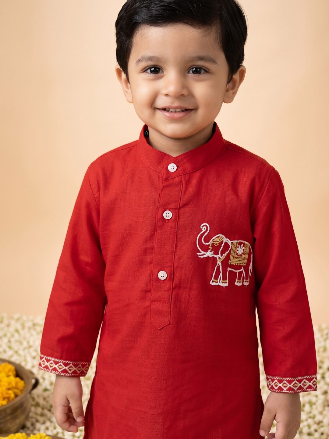 Red Solid With Embroidery Motif Pure Cotton Dhoti Set For Boys