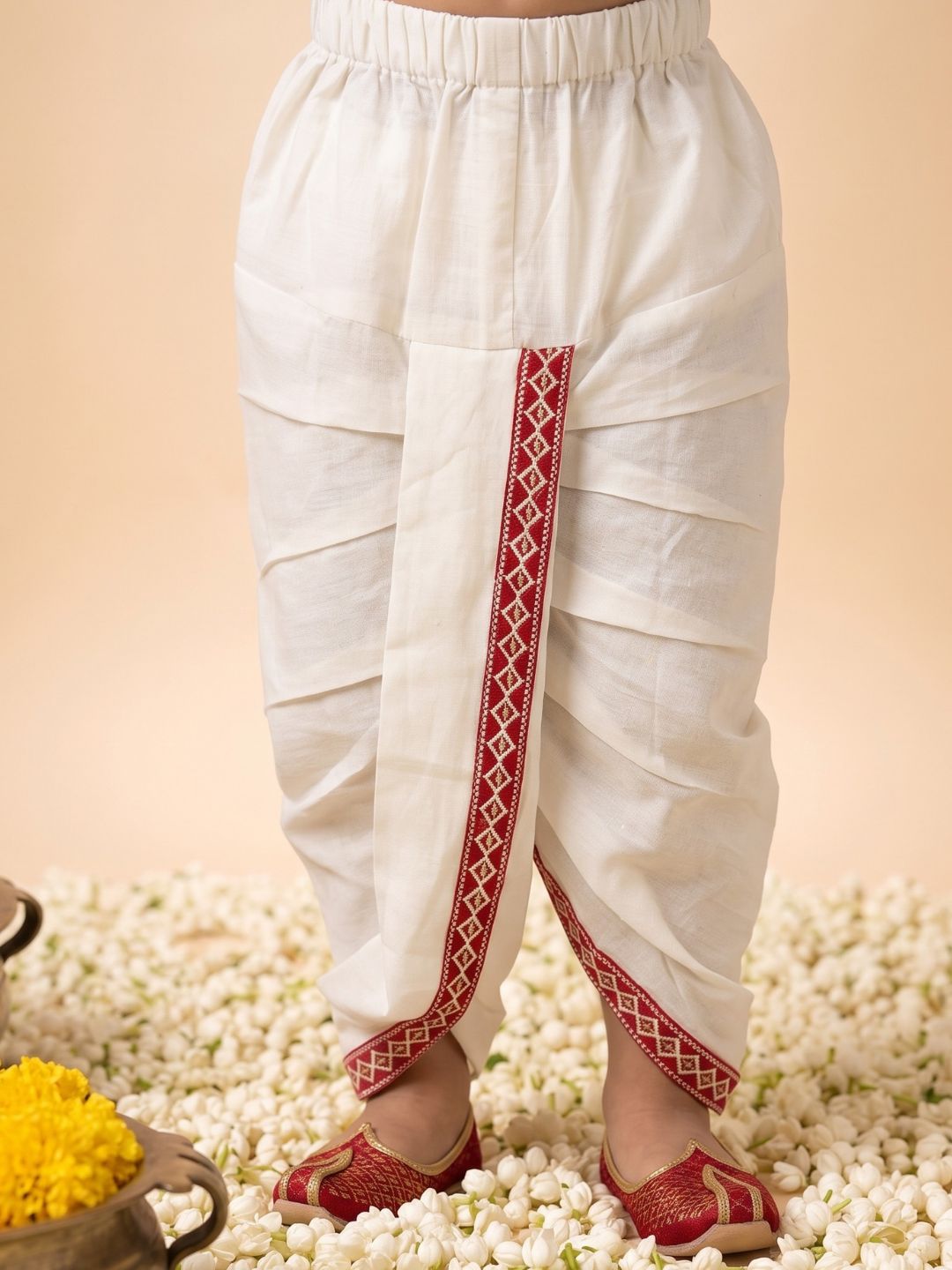 Red Solid With Embroidery Motif Pure Cotton Dhoti Set For Boys