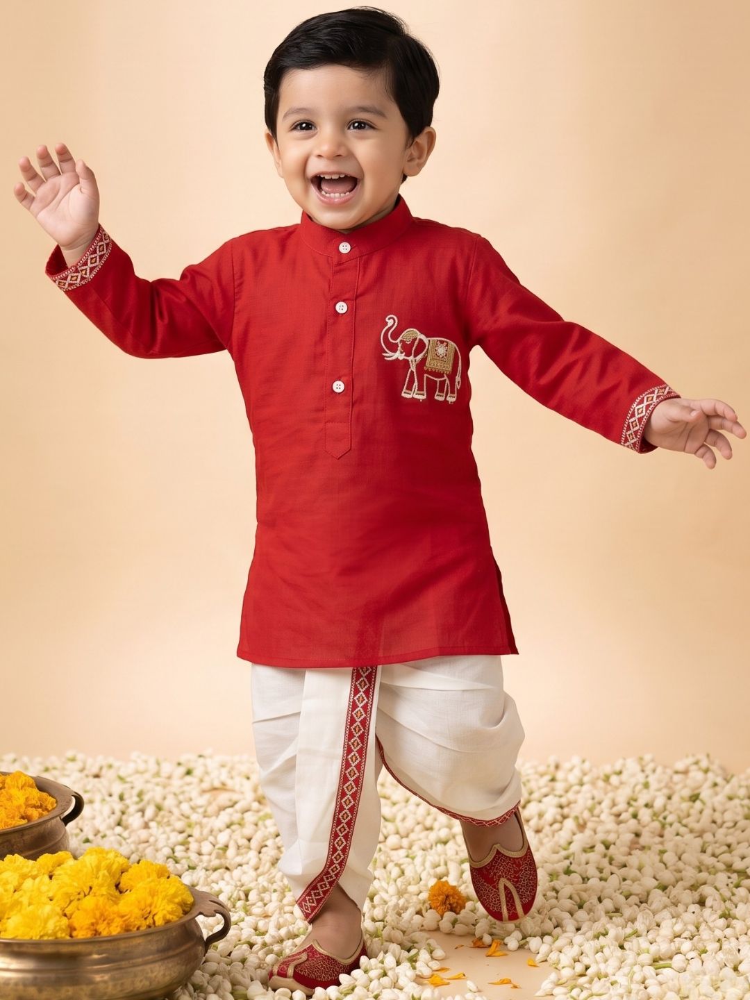 Red Solid With Embroidery Motif Pure Cotton Dhoti Set For Boys