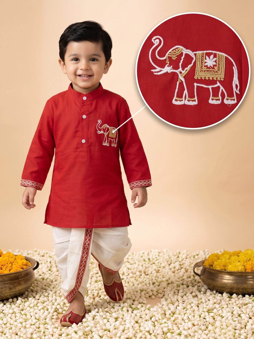 Red Solid With Embroidery Motif Pure Cotton Dhoti Set For Boys
