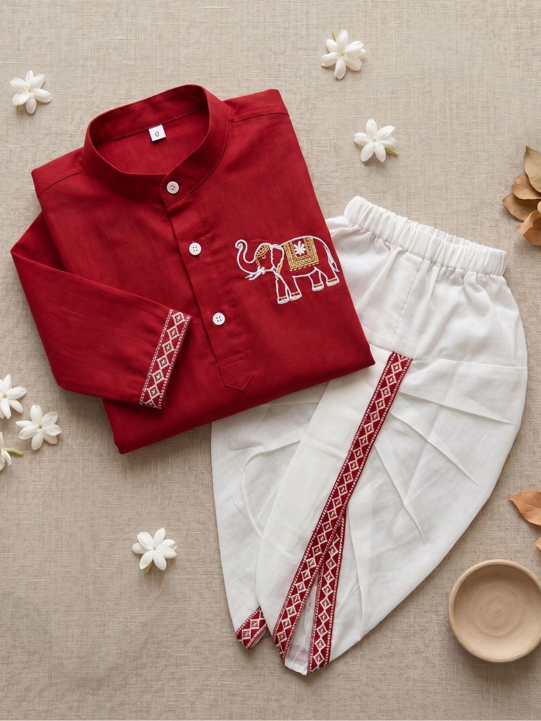 Red Solid With Embroidery Motif Pure Cotton Dhoti Set For Boys