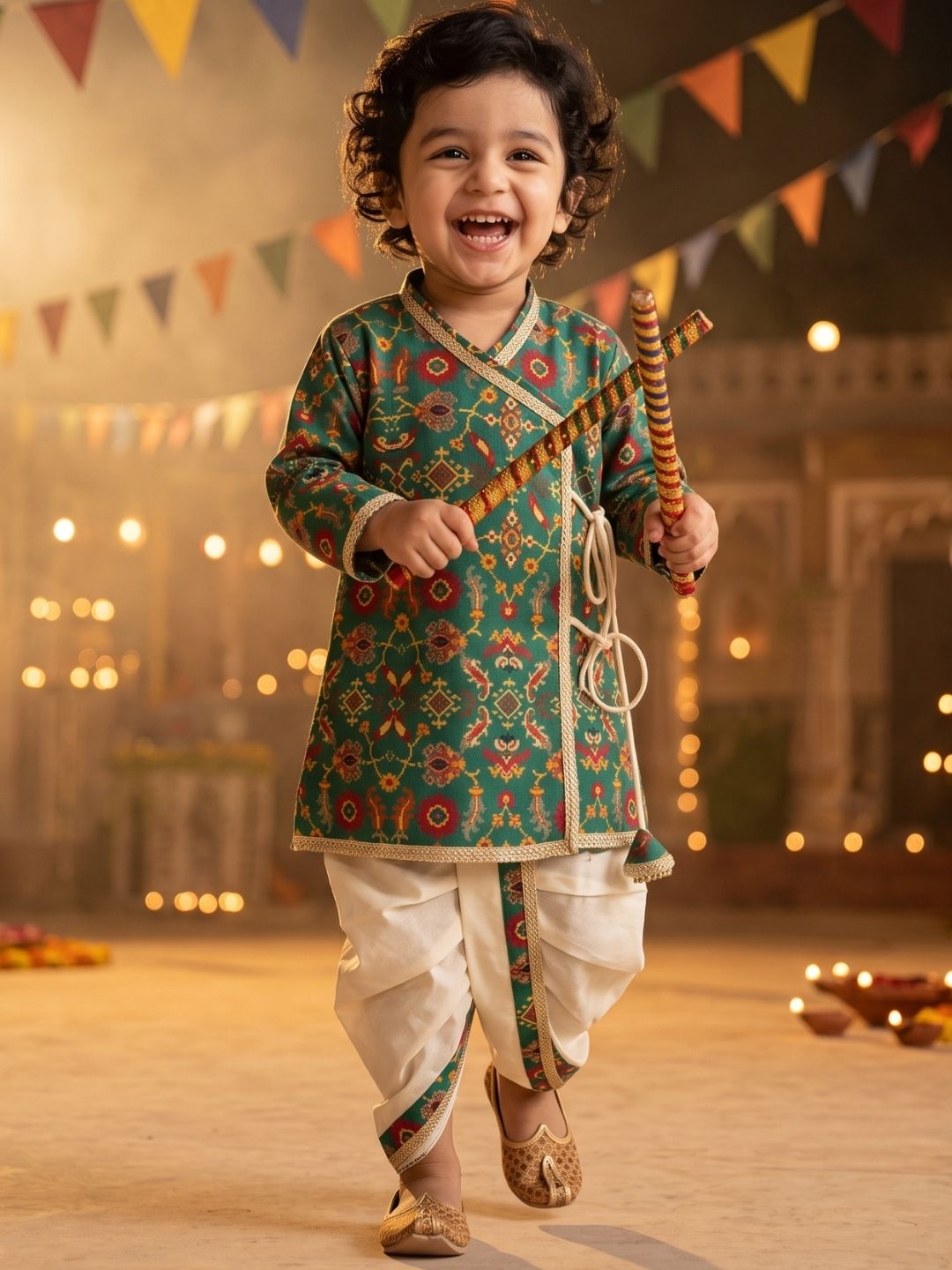 Green Ethnic Print Cotton Blend Angrakha Dhoti Kurta Set For Boys