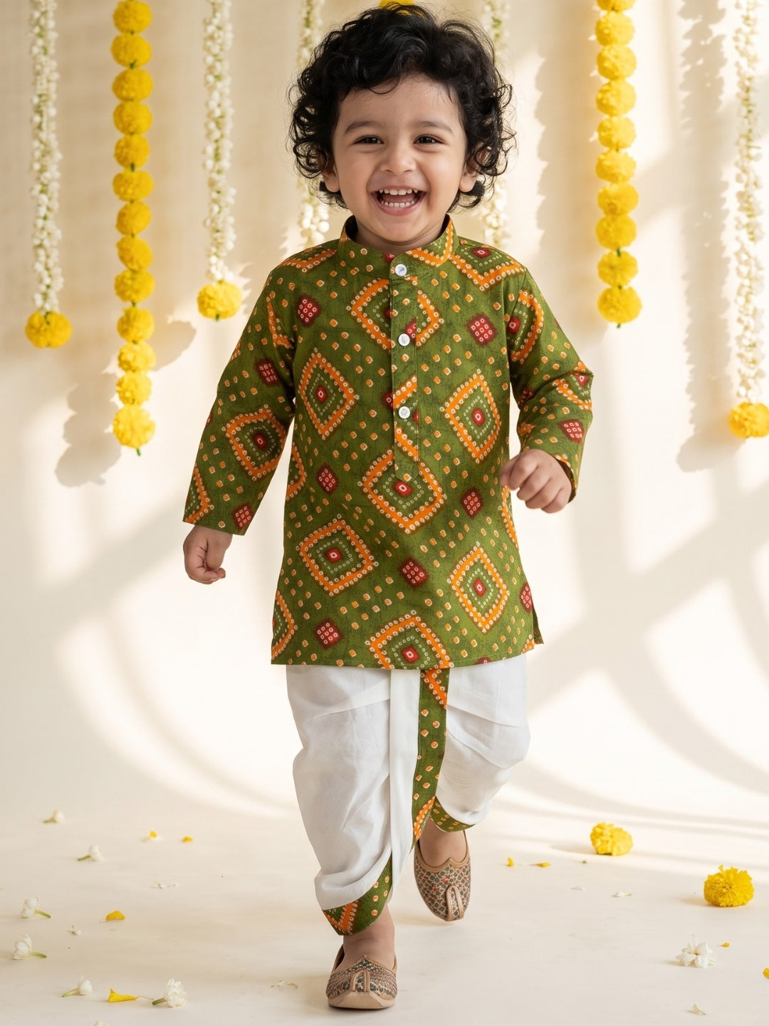 Green Bandhani Print Pure Cotton Sibling Set for Kids | Matching Brother & Sister Outfit