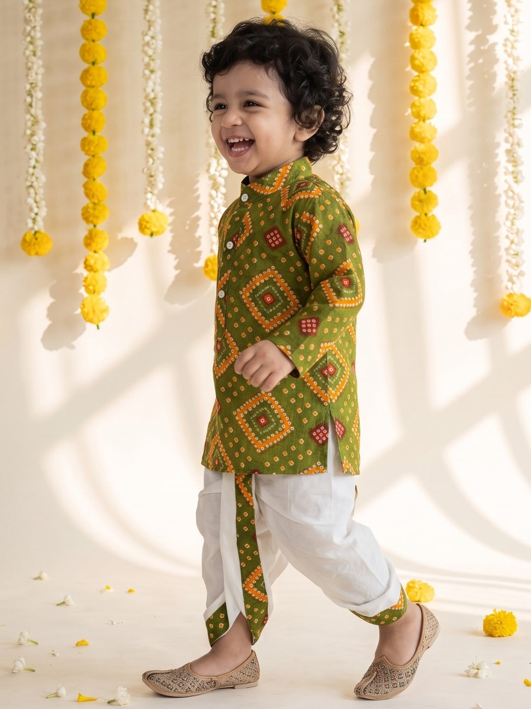 Green Bandhani Print Pure Cotton Sibling Set for Kids | Matching Brother & Sister Outfit