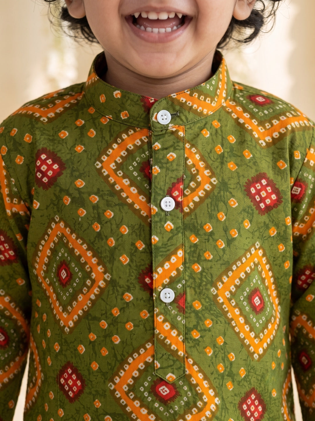 Green Bandhani Print Pure Cotton Full Sleeve Dhoti Kurta Set For Boys