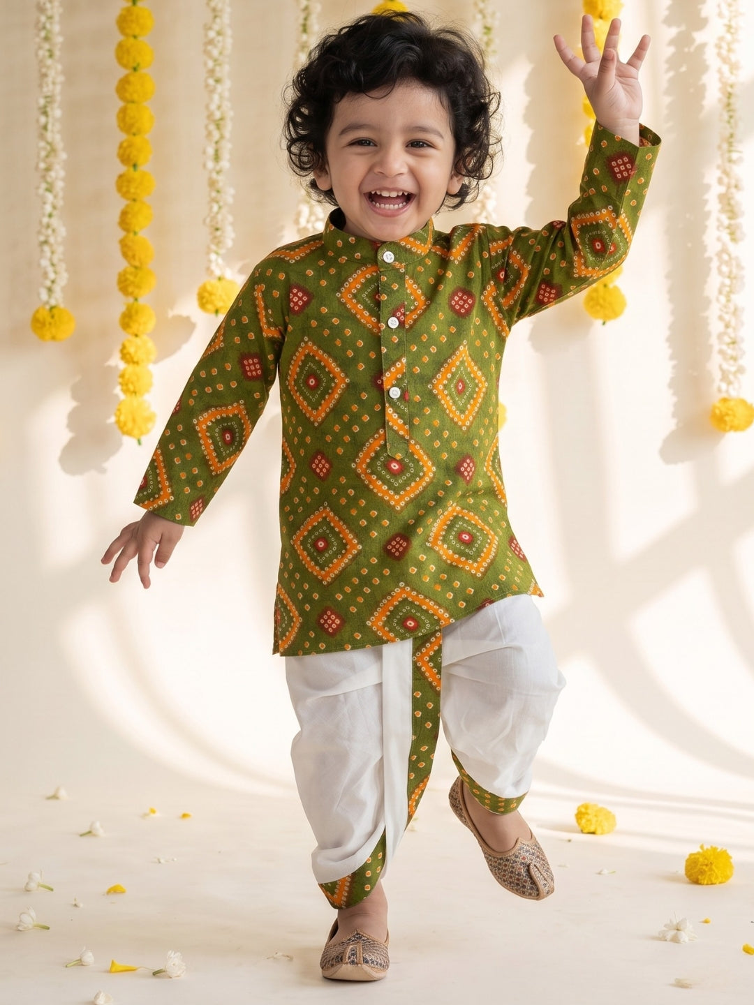 Green Bandhani Print Pure Cotton Sibling Set for Kids | Matching Brother & Sister Outfit