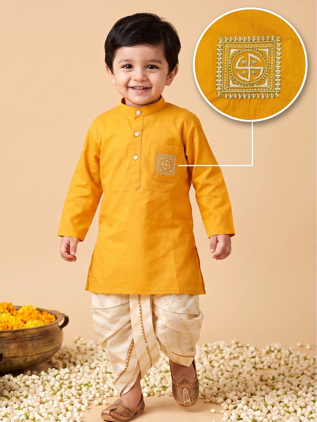 Mustard Pocket Embroidery Pure Cotton Dhoti Set For Boys