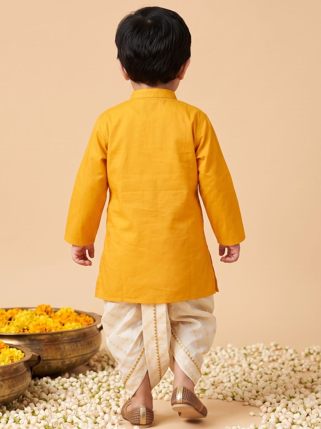 Mustard Pocket Embroidery Pure Cotton Dhoti Set For Boys