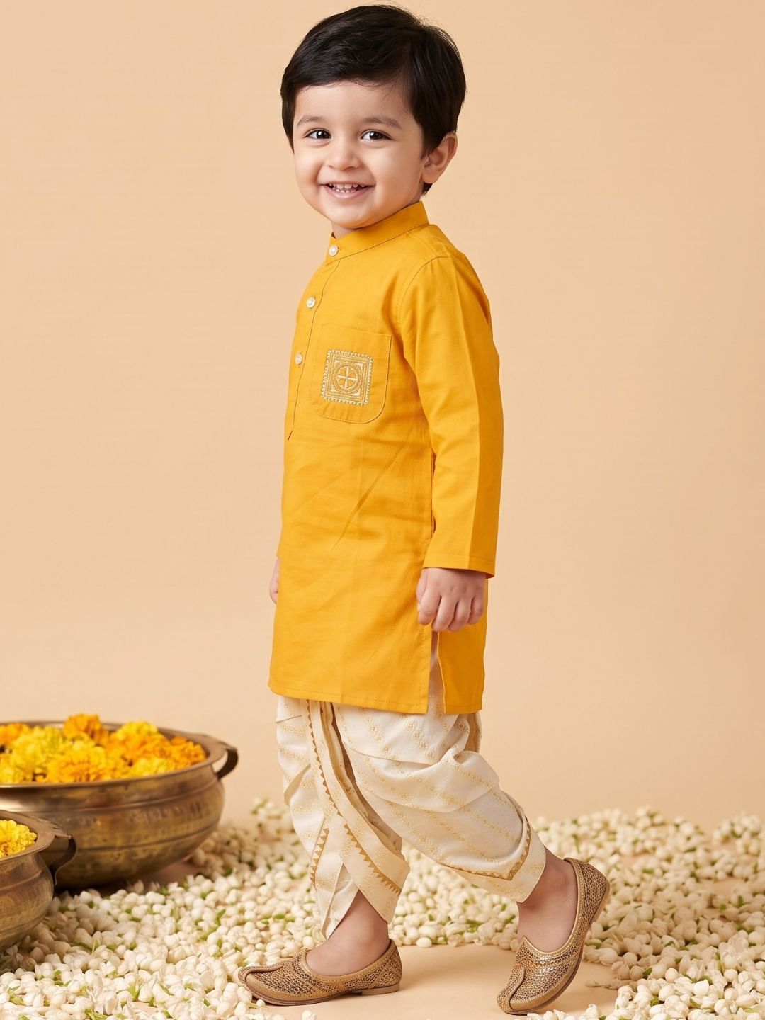 Mustard Pocket Embroidery Pure Cotton Dhoti Set For Boys
