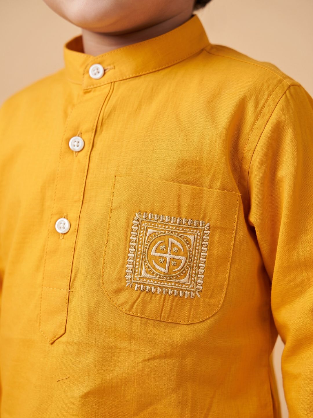 Mustard Pocket Embroidery Pure Cotton Dhoti Set For Boys