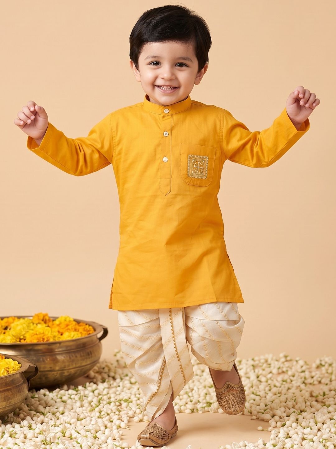 Mustard Pocket Embroidery Pure Cotton Dhoti Set For Boys