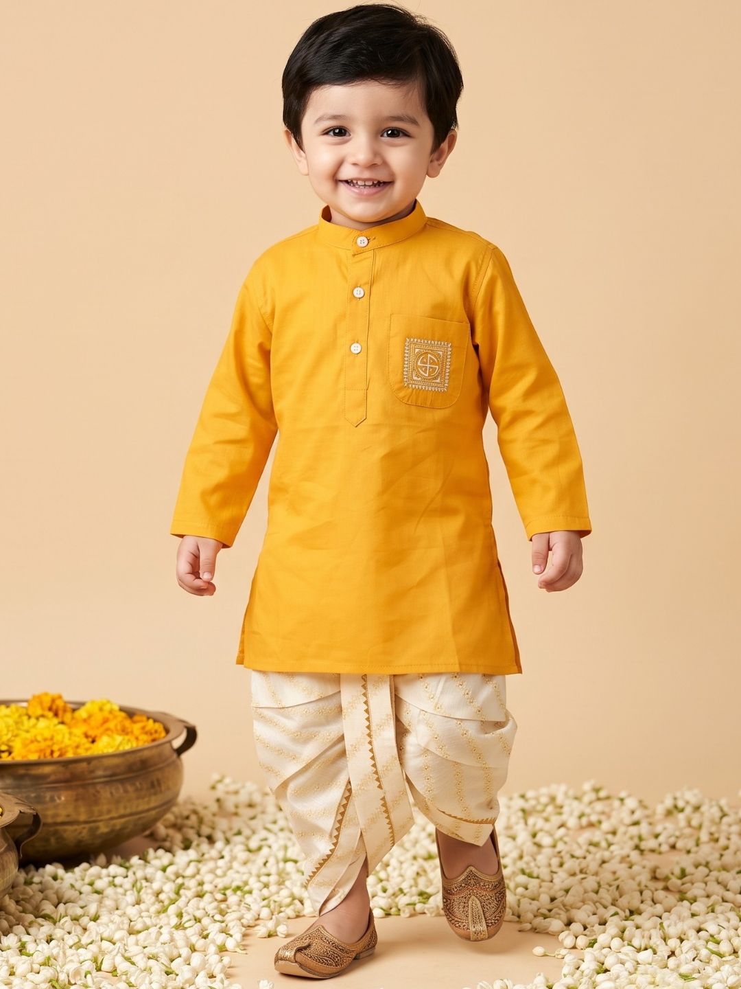 Mustard Pocket Embroidery Pure Cotton Dhoti Set For Boys