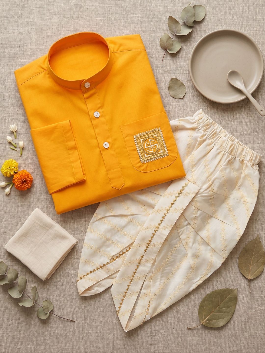 Mustard Pocket Embroidery Pure Cotton Dhoti Set For Boys