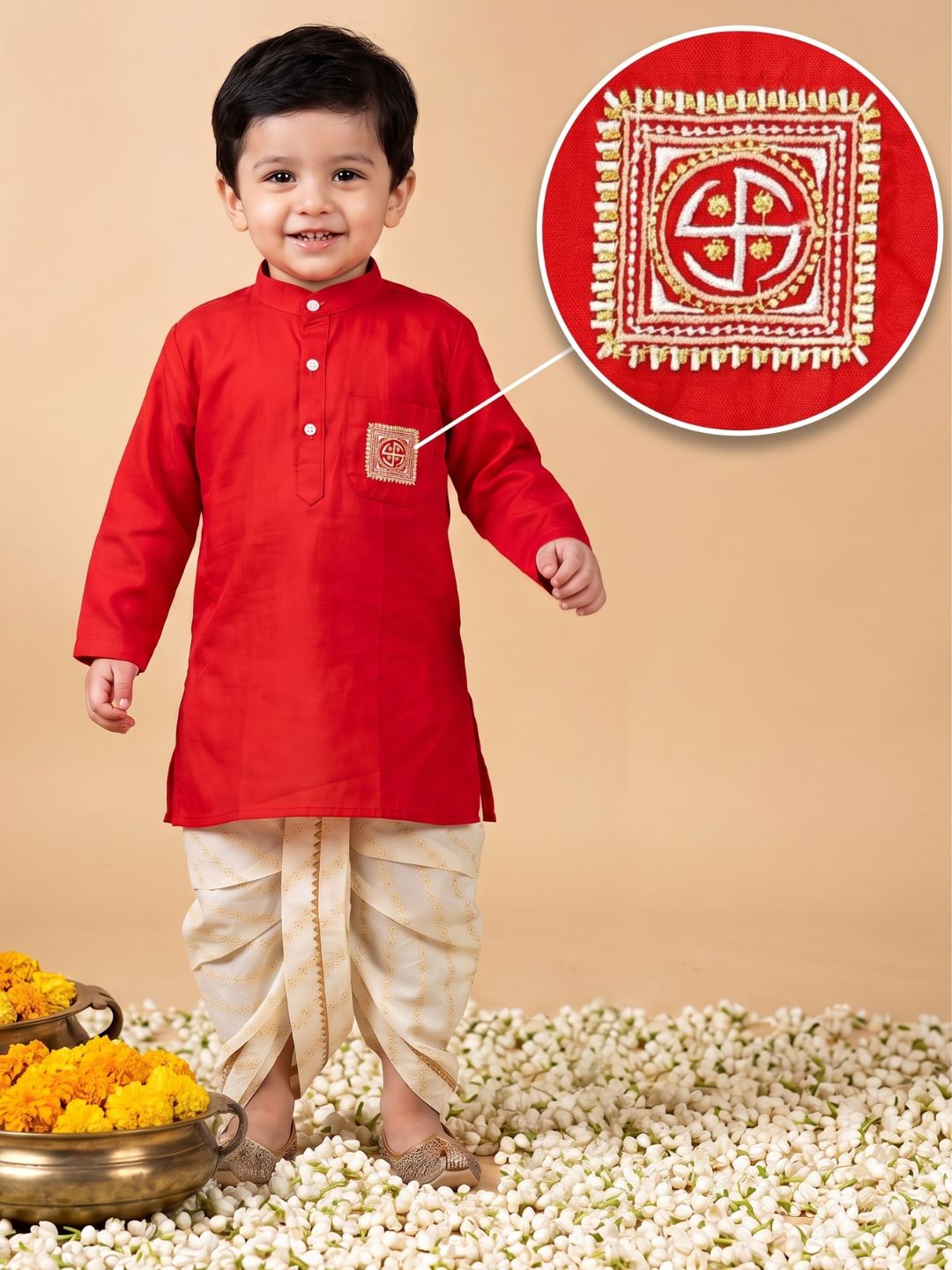 Red Pocket Embroidery Pure Cotton Dhoti Set For Boys