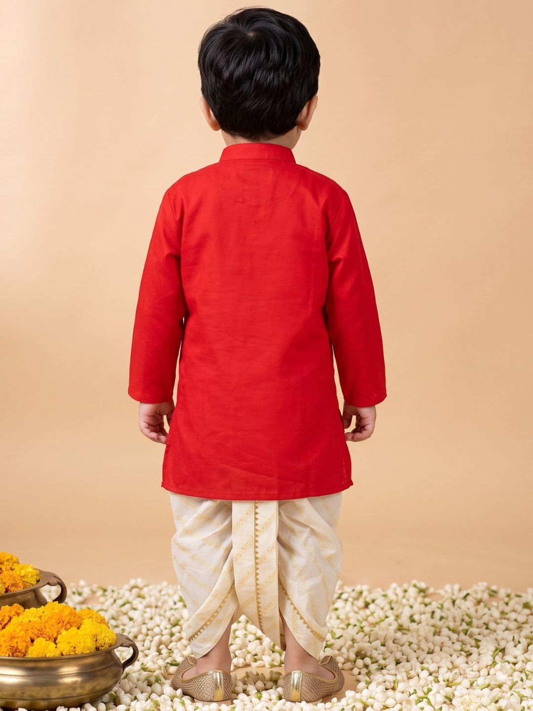 Red Pocket Embroidery Pure Cotton Dhoti Set For Boys
