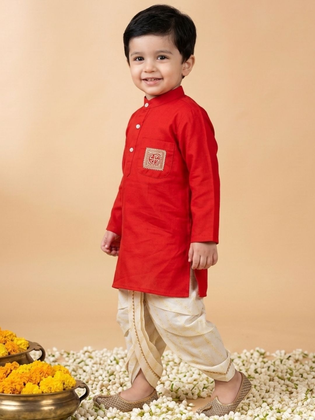 Red Pocket Embroidery Pure Cotton Dhoti Set For Boys