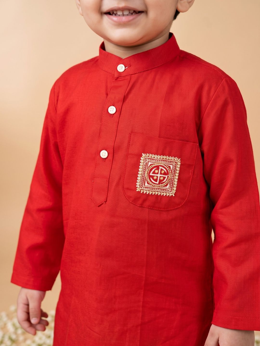 Red Pocket Embroidery Pure Cotton Dhoti Set For Boys