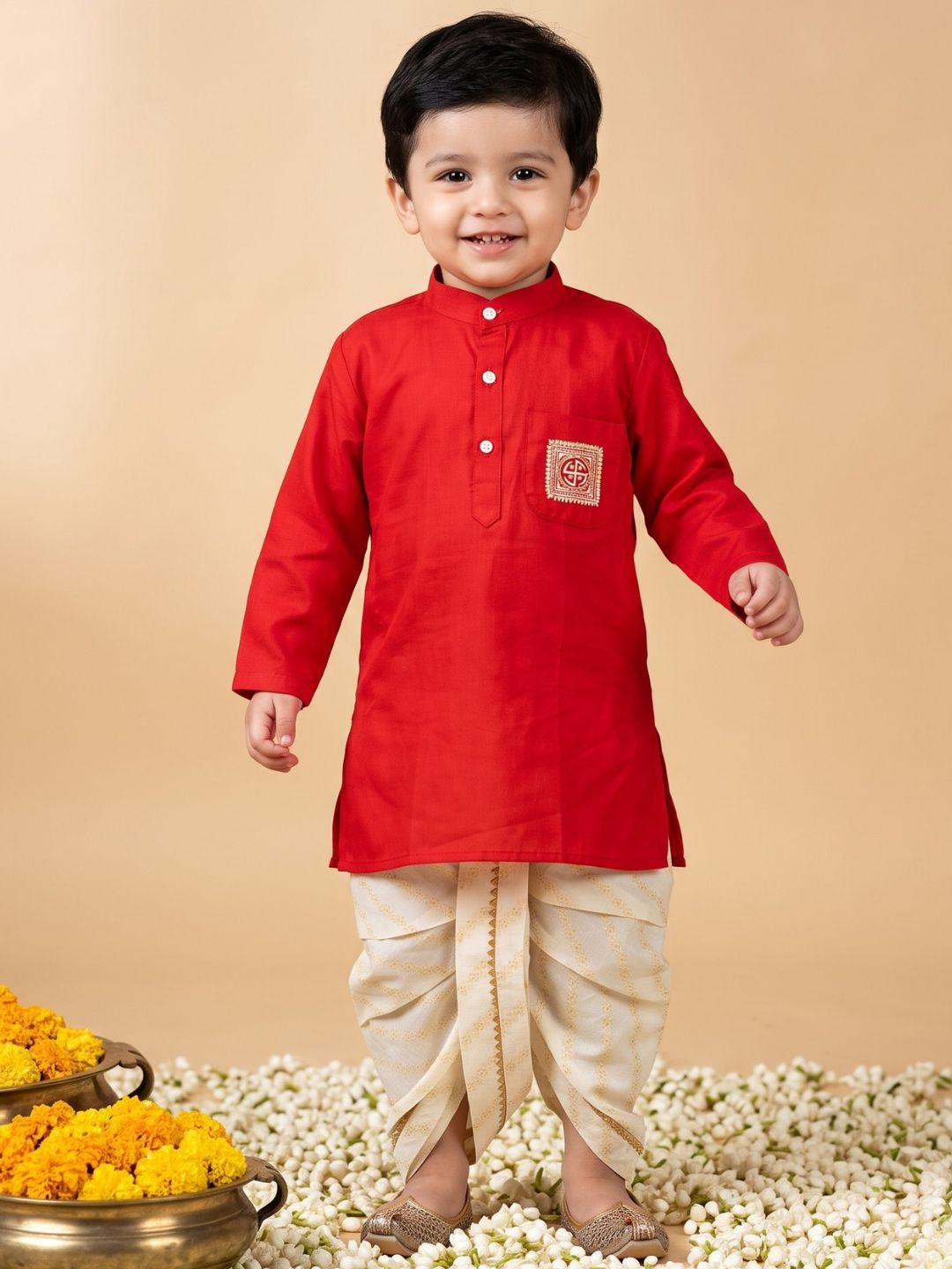 Red Pocket Embroidery Pure Cotton Dhoti Set For Boys