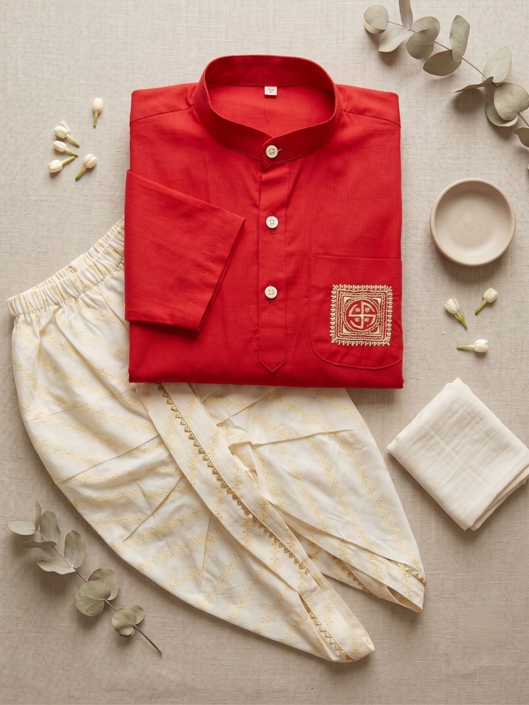 Red Pocket Embroidery Pure Cotton Dhoti Set For Boys