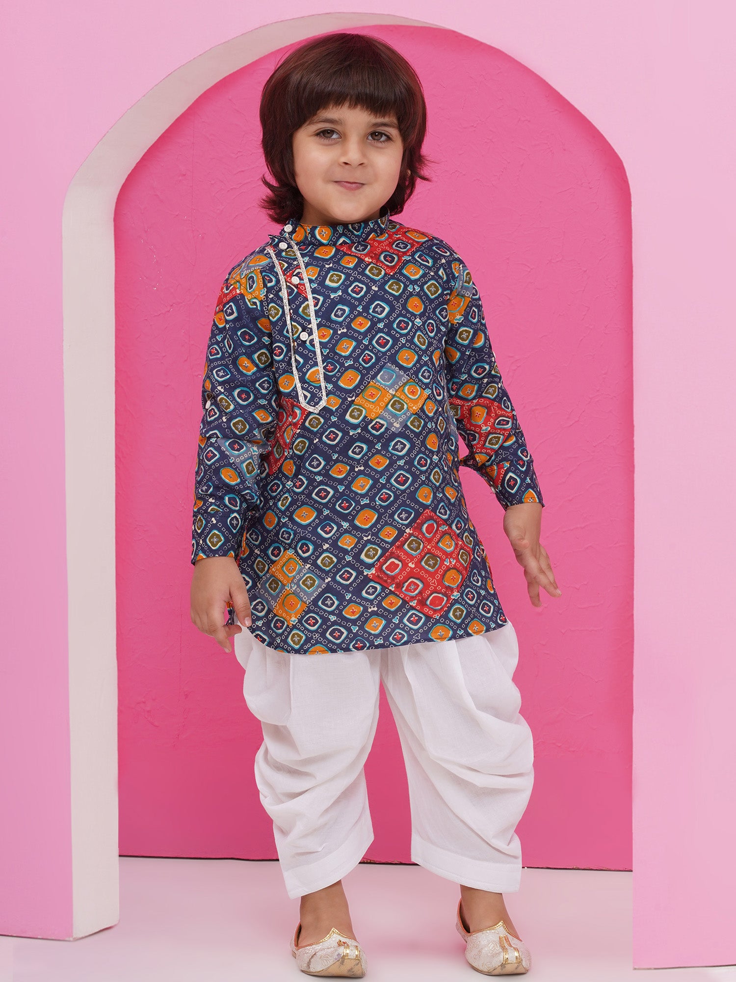 Dark Blue Cotton Full Sleeves Printed Kurta Pyjama Set For Boys - AJ Dezines