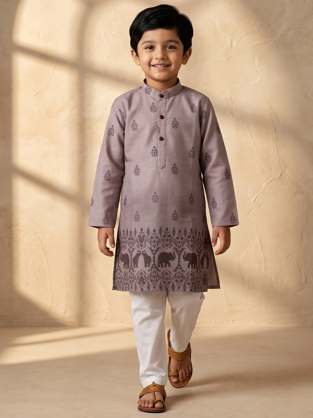 Mauve Elephant Printed Cotton Blend Kurta Pyjama Set For Boys