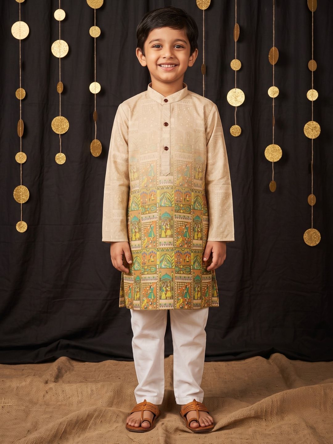 Yellow Ethnic Print Cotton Blend Kurta Pyjama Set For Boys