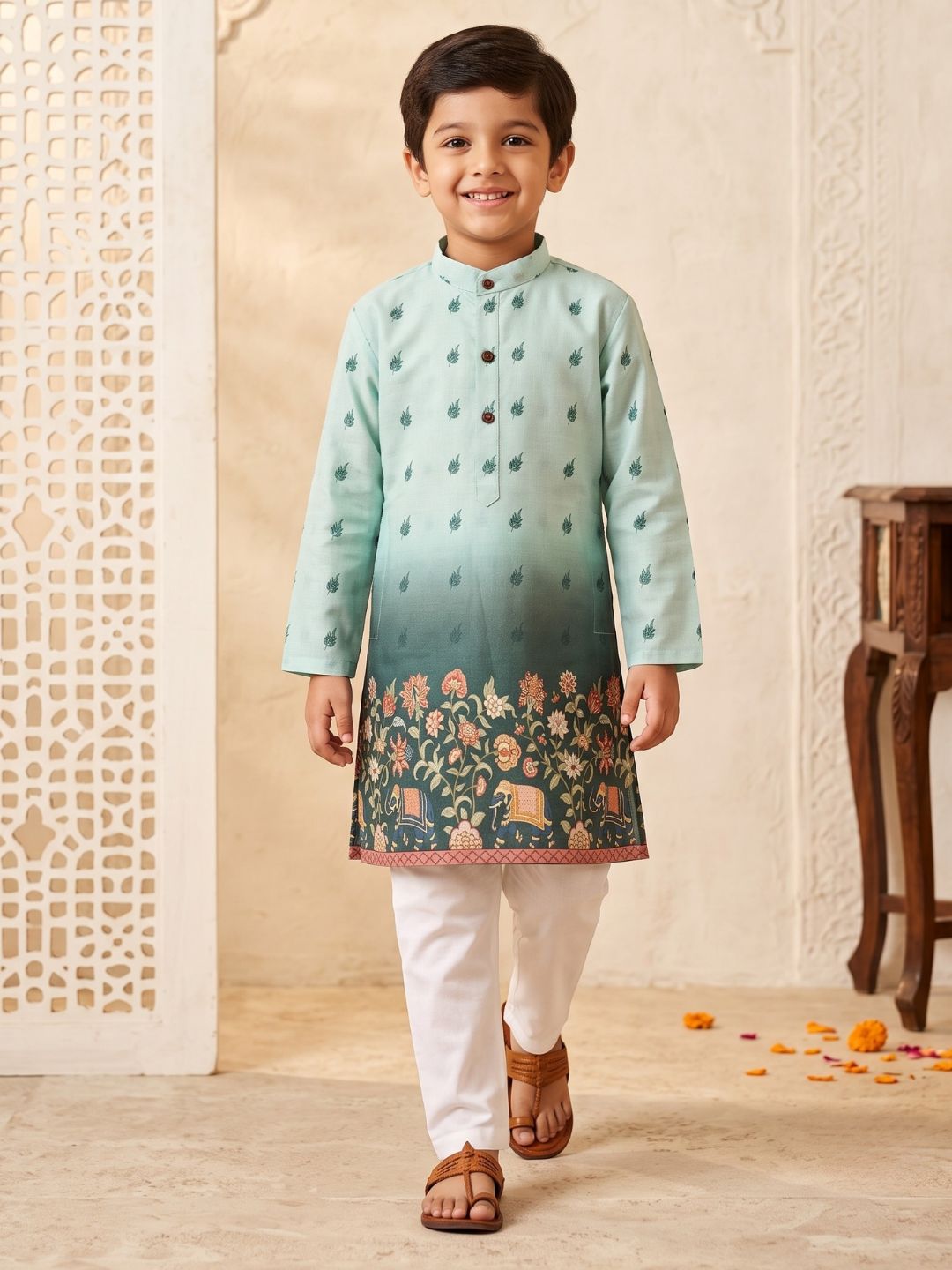Green Floral Elephant Printed Cotton Blend Kurta Pyjama Set For Boys