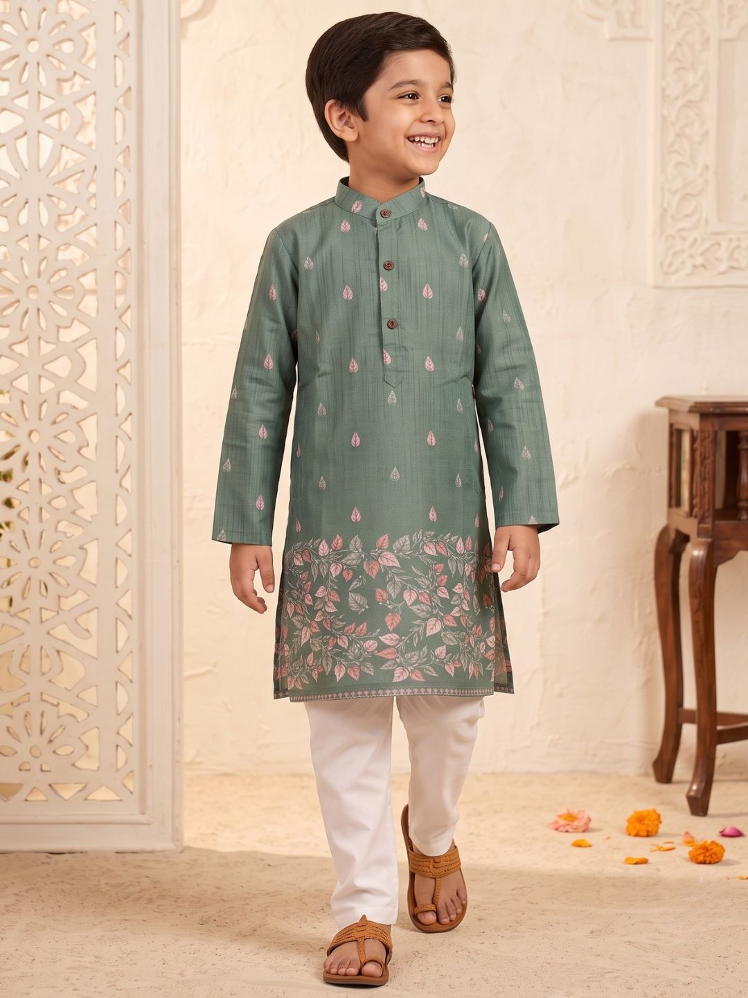 Green Leaf Print Cotton Blend Kurta Pyjama Set For Boys