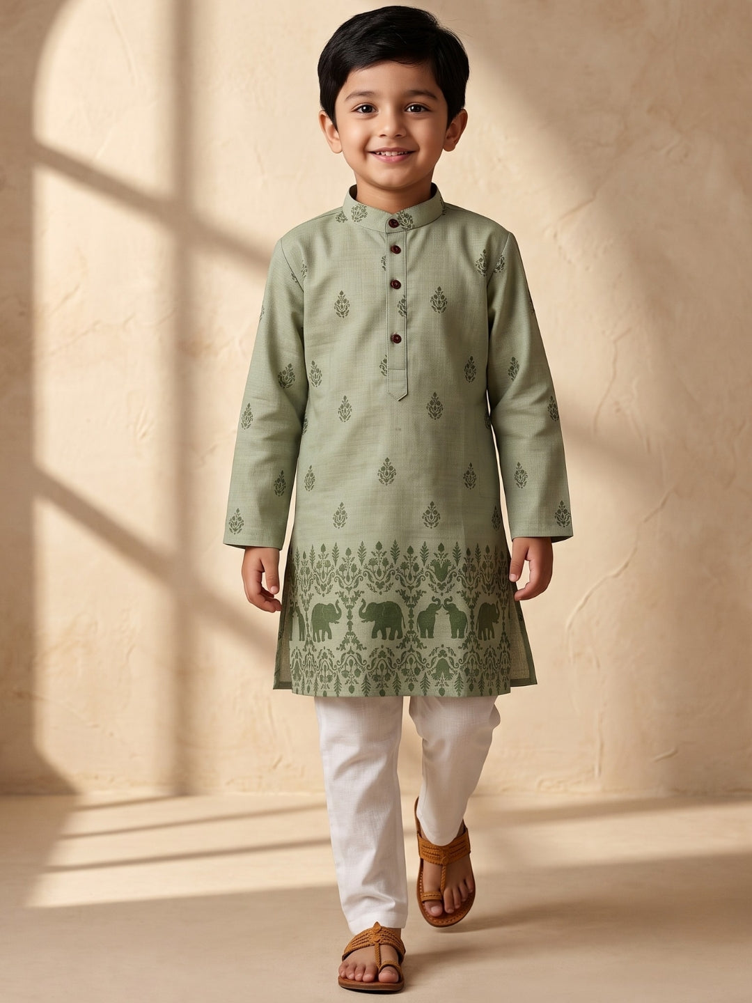 Green Elephant Printed Cotton Blend Kurta Pyjama Set For Boys