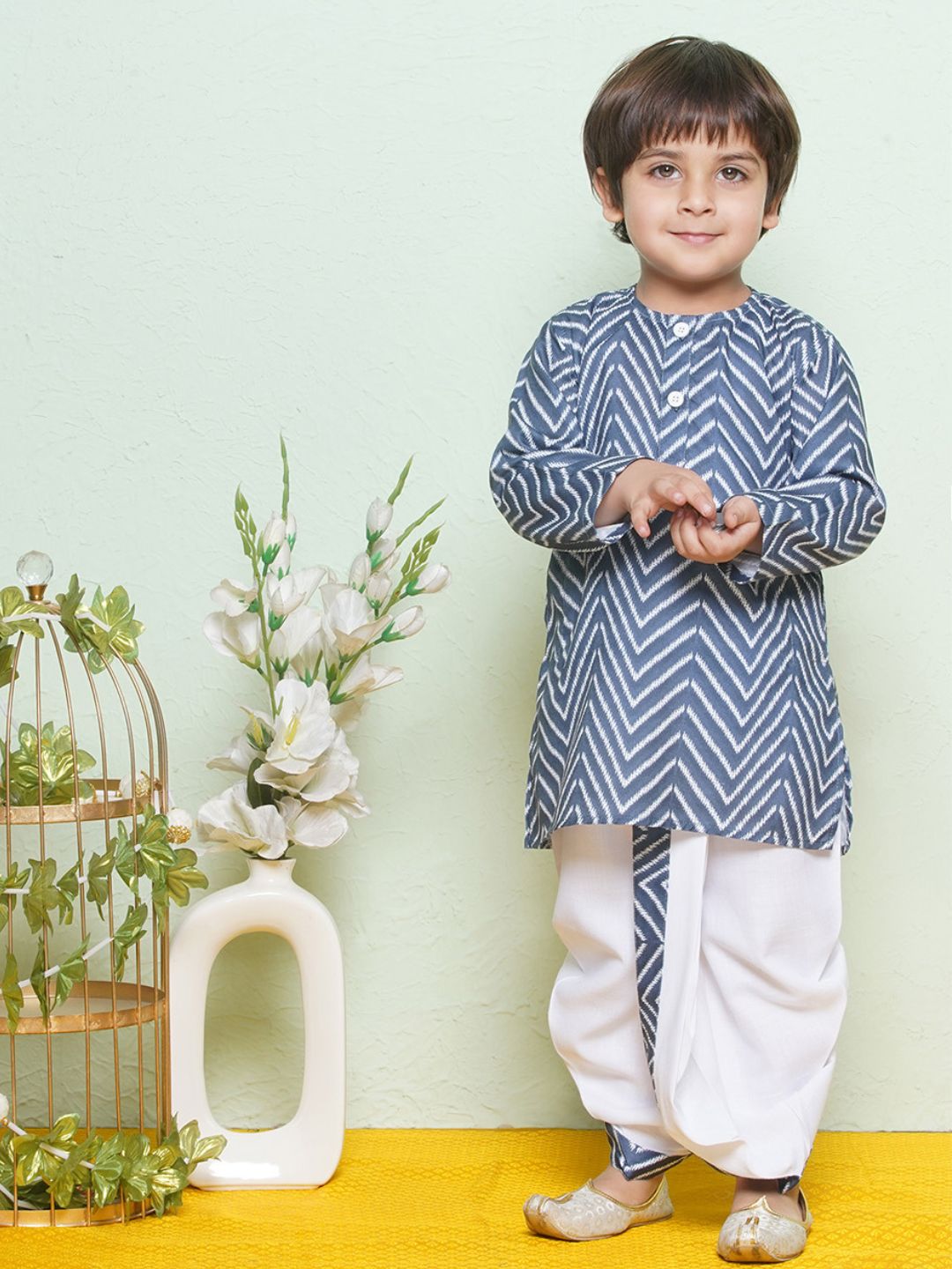 Kids Boys Blue Zig Zag Pure Cotton Dhoti Set - AJ Dezines