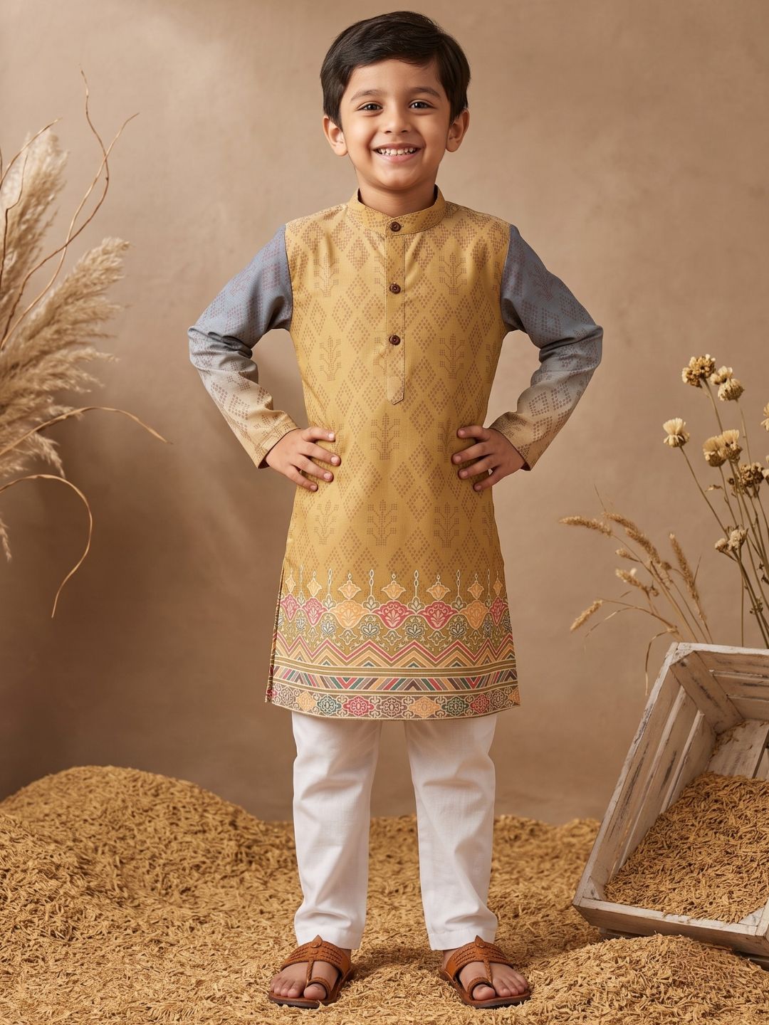 Mustard Ethnic Print Cotton Blend Kurta Pyjama Set For Boys