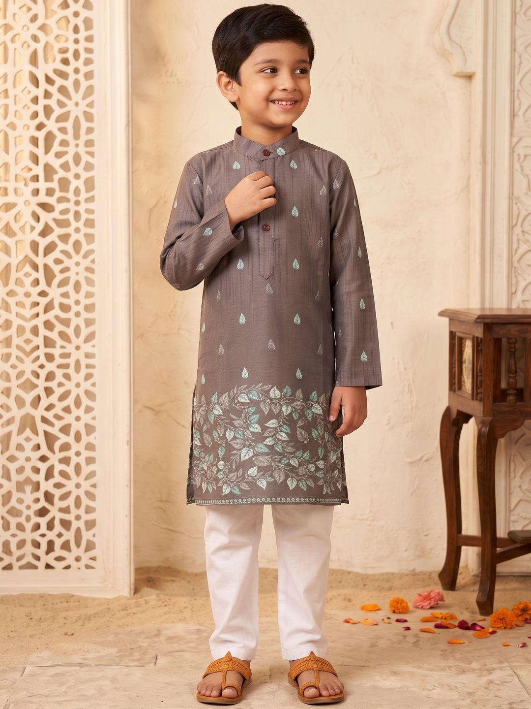 Brown Leaf Print Cotton Blend Kurta Pyjama Set For Boys
