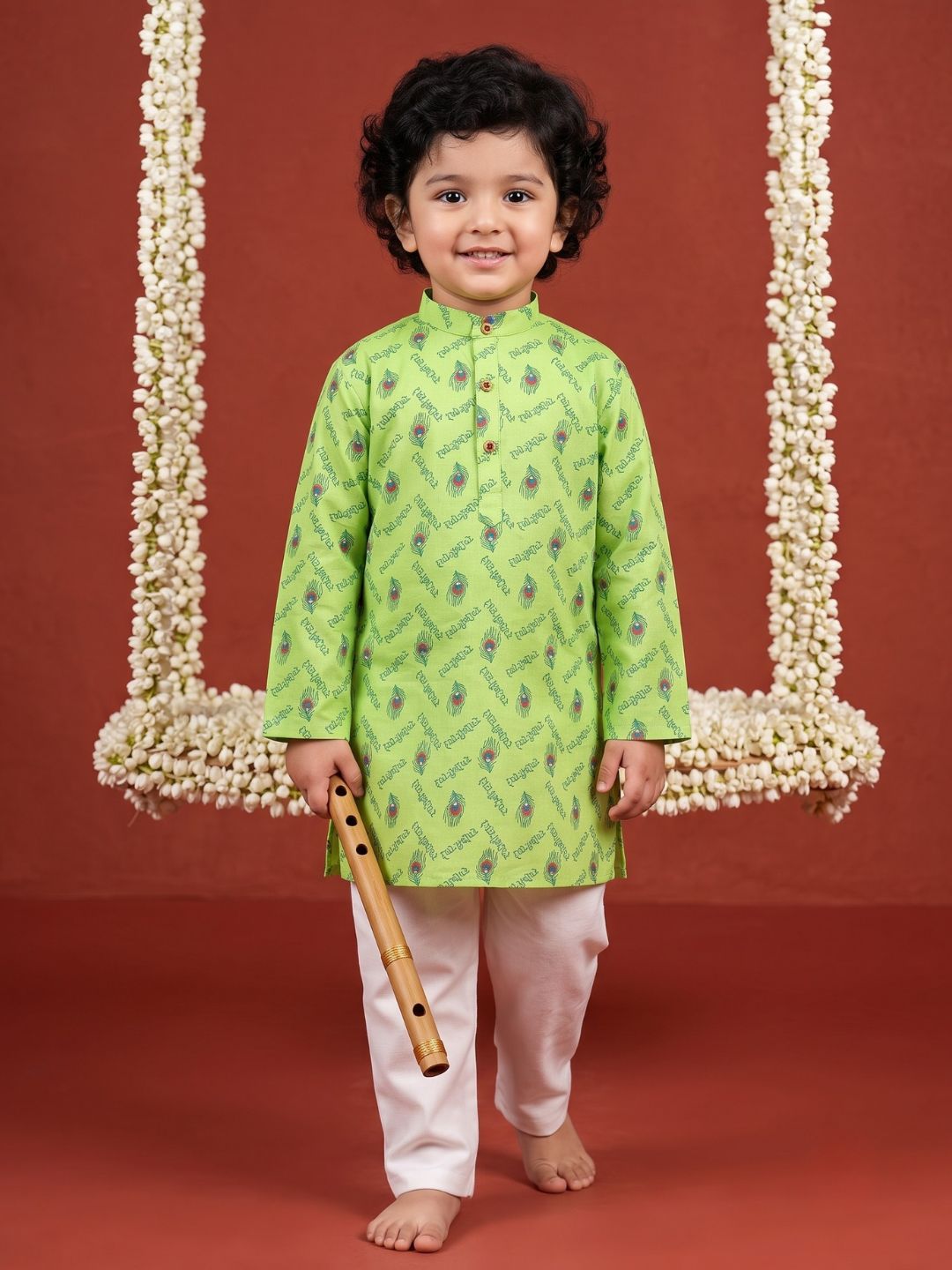 Green Cotton Full sleeves Krishna Printed Kurta Pyjama Set