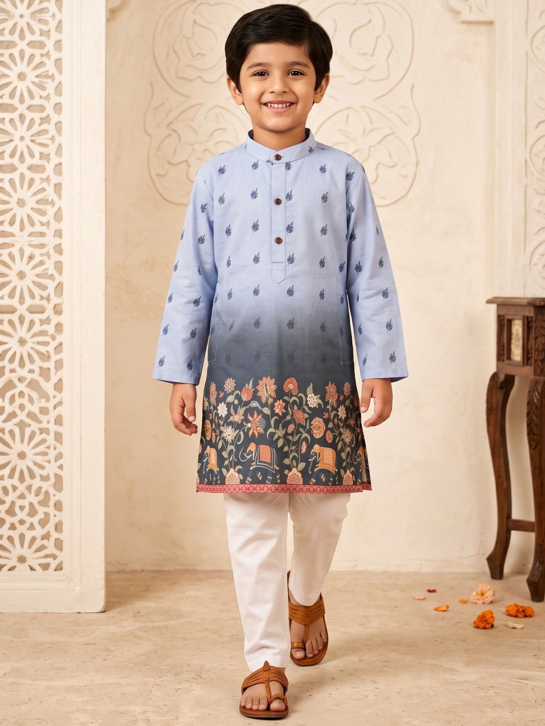 Blue Floral Elephant Printed Cotton Blend Kurta Pyjama Set For Boys