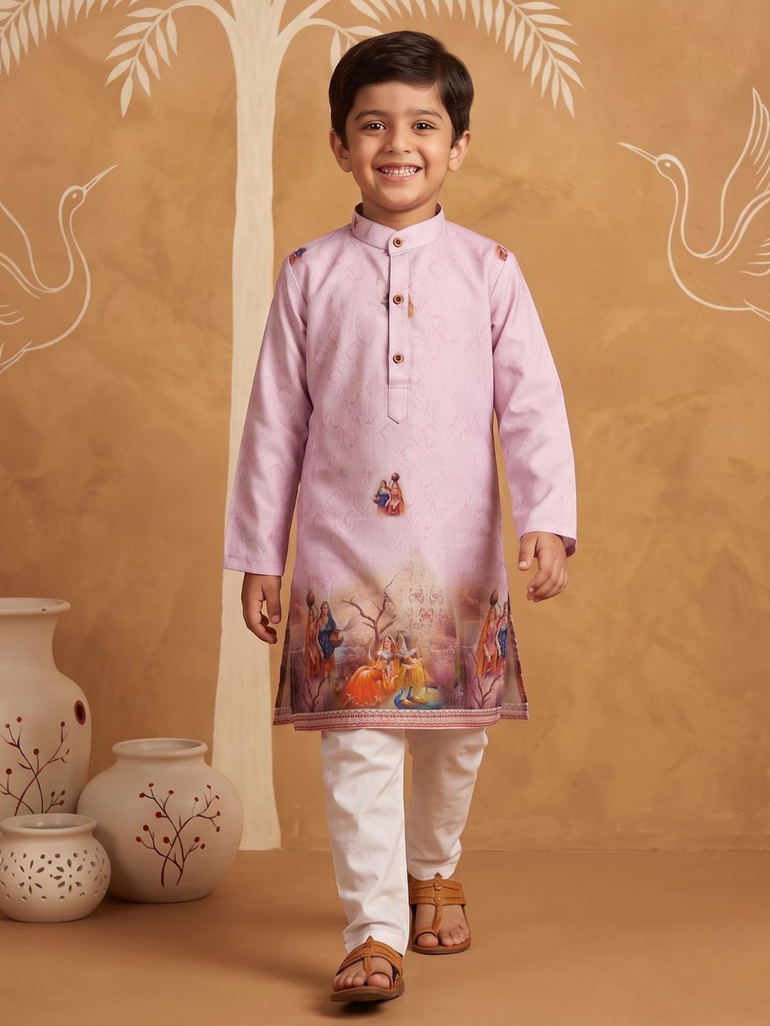 Pink Mythological Print Cotton Blend Kurta Pyjama Set For Boys
