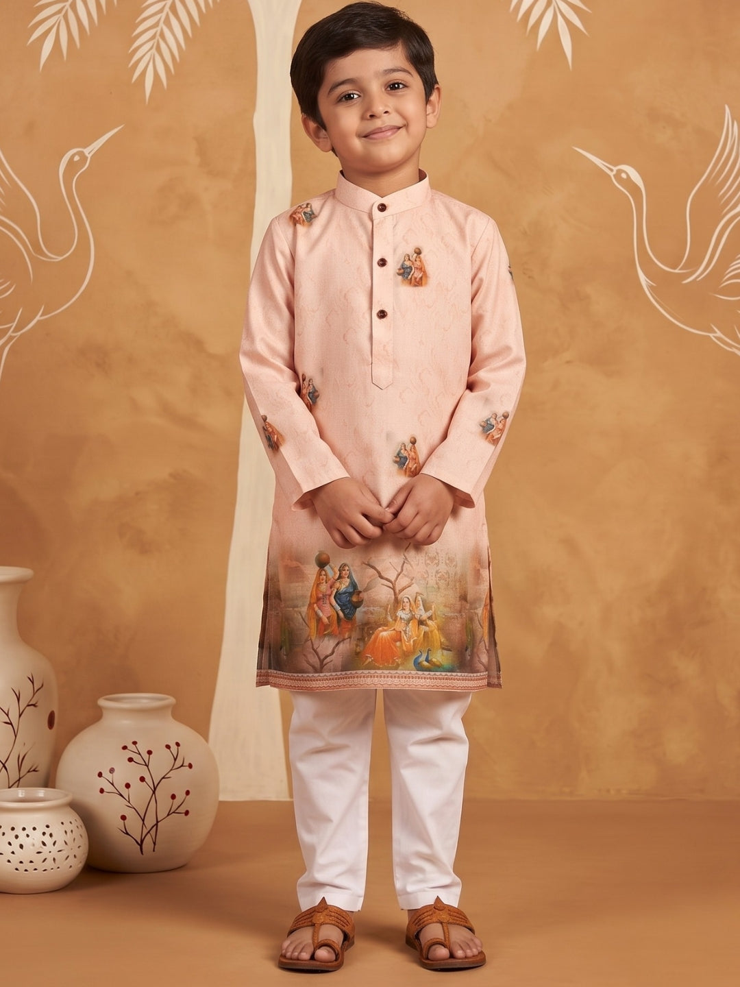 Peach Mythological Print Cotton Blend Kurta Pyjama Set For Boys