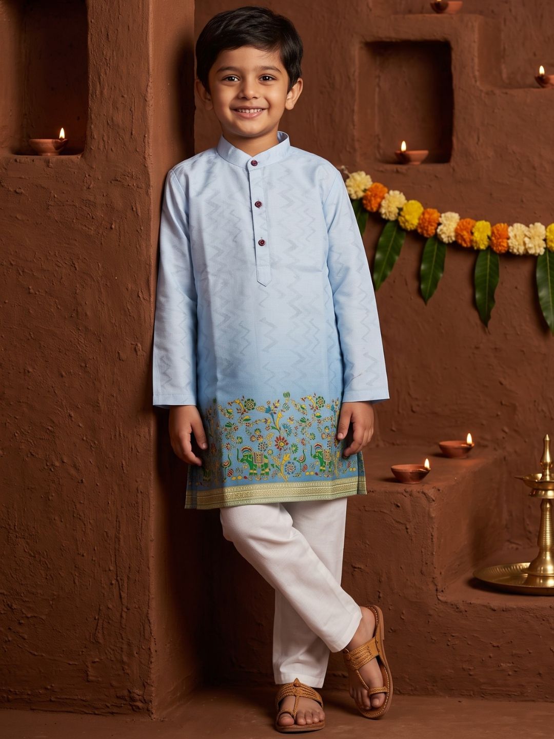 Blue Elephant Printed Cotton Blend Kurta Pyjama Set For Boys