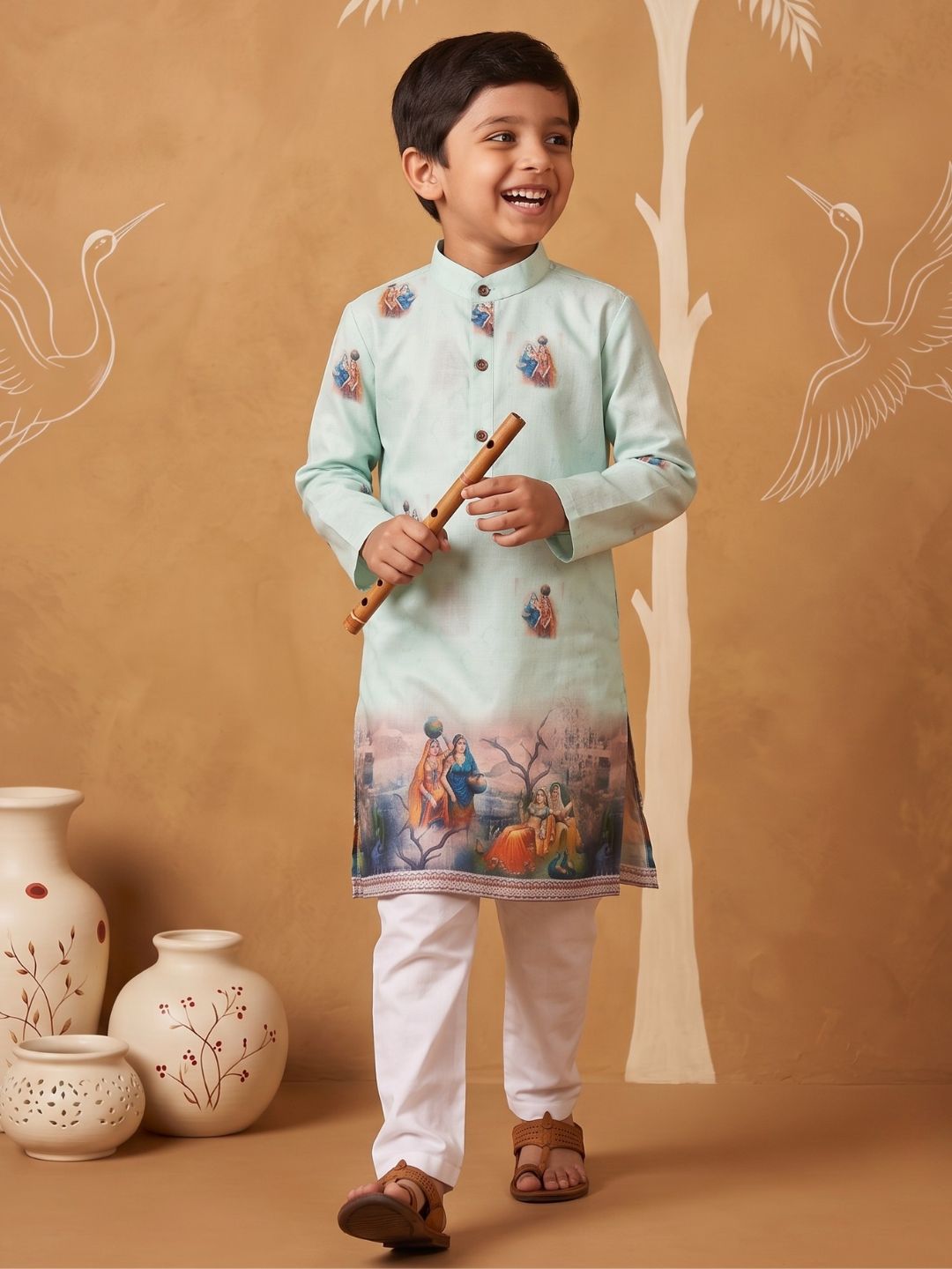Green Mythological Print Cotton Blend Kurta Pyjama Set For Boys