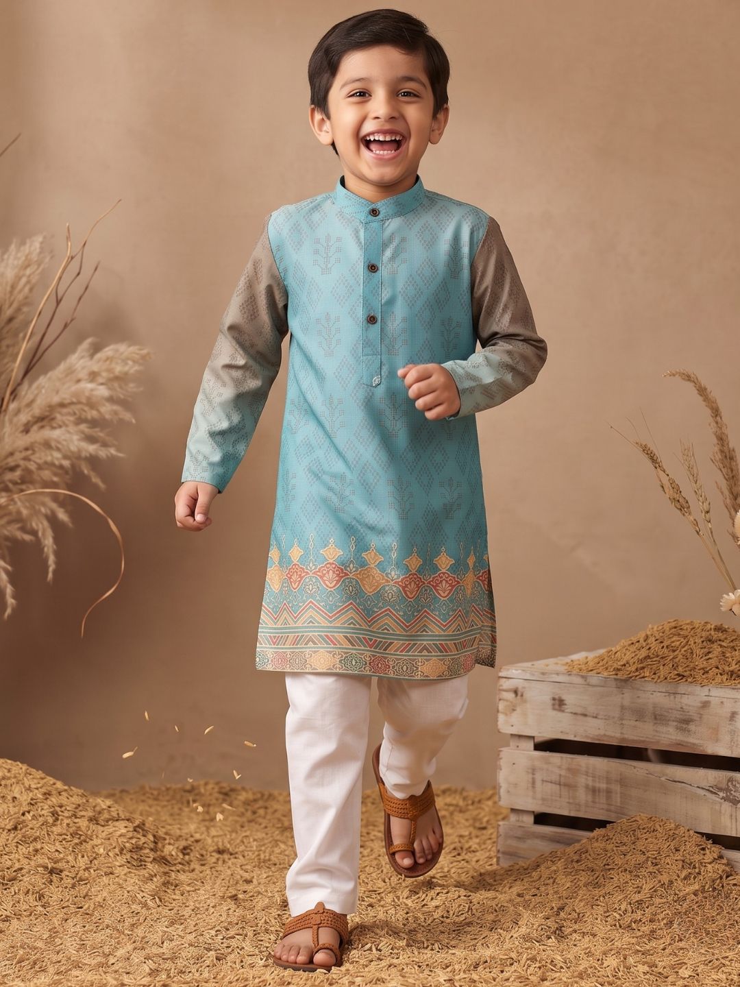 Sky Blue Ethnic Print Cotton Blend Kurta Pyjama Set For Boys