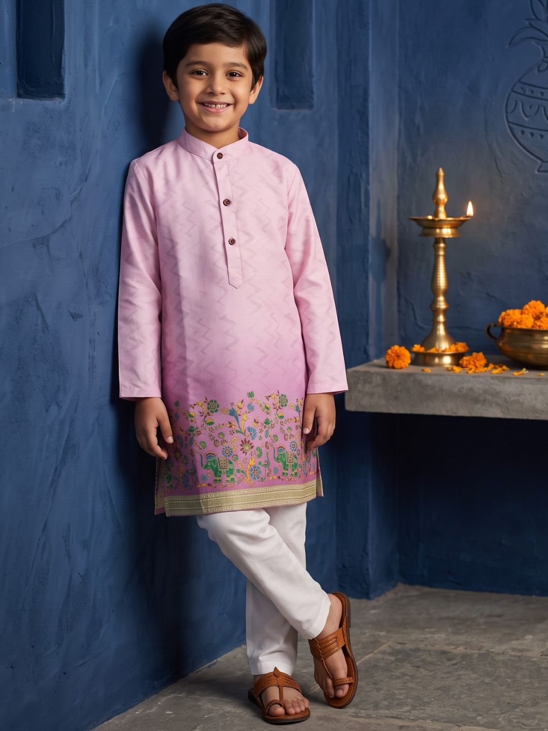 Pink Elephant Printed Cotton Blend Kurta Pyjama Set For Boys